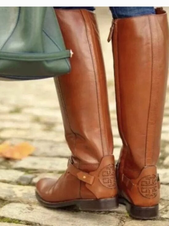 Tory Burch Shoes - Tory Burch Colton Riding Boots Leather Tall Boot Embossed Logo Zip Up Brown 7.5